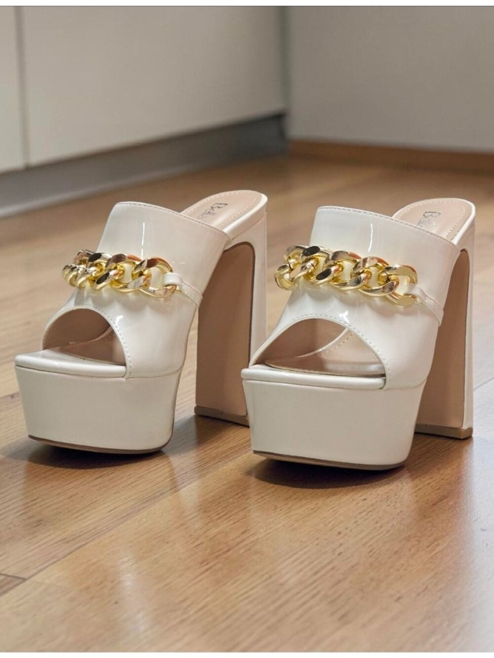 White Platform Heels With Gold Chain Detail Open Toe Patent Finish & Chunky Bloc